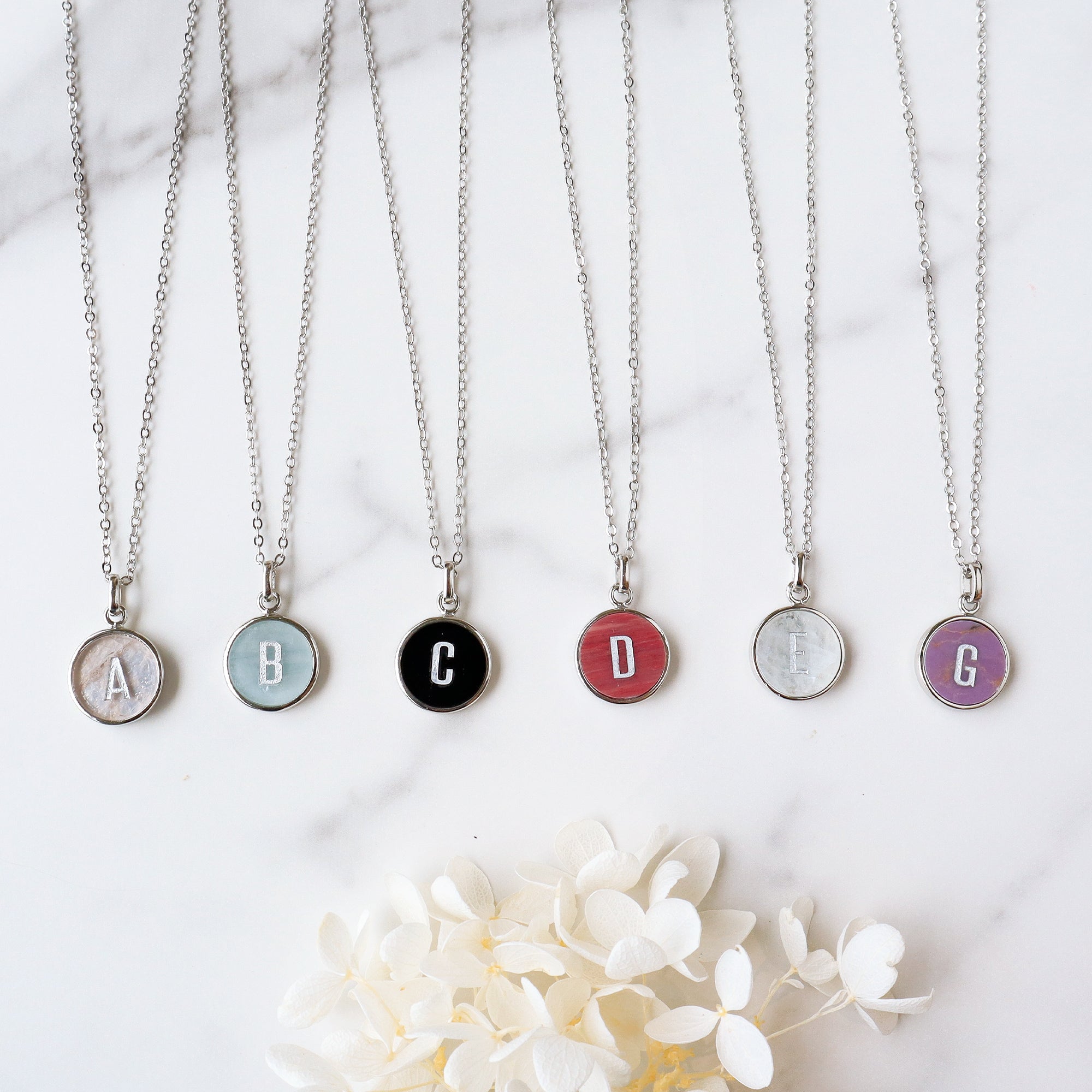 16" Silver Plated Round Gemstone Carved Initial Letter Necklace, Natural Amazonite Rose Quartz Aquamarine Labradorite Turquoise Necklace, Healing Jewelry KZ035