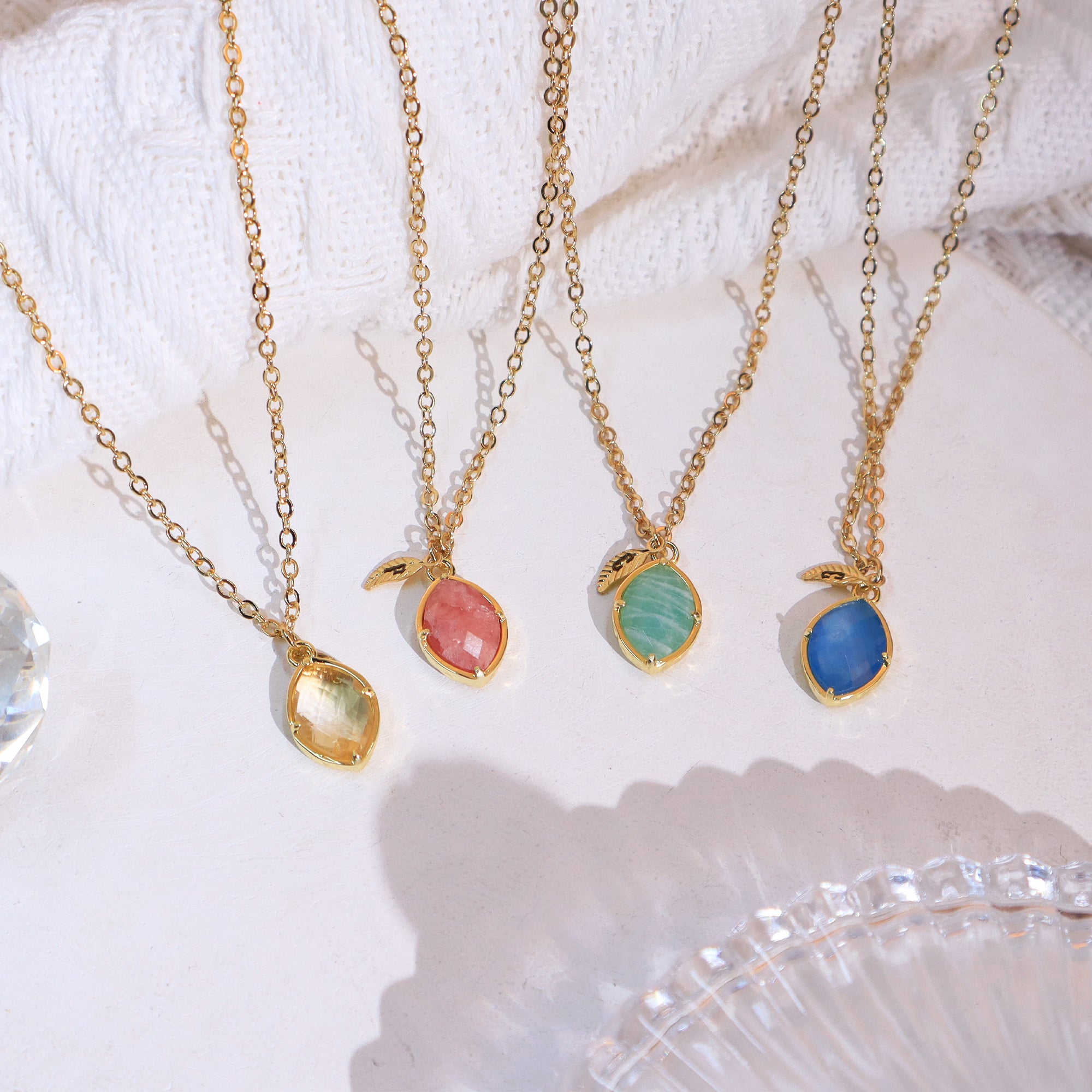 16" Gold Plated Leaf & Marquise Rainbow Gemstone Necklace, Birthstone, Faceted Amazonite Aquamarine Peridot Turquoise Necklace, Healing Crystal Jewelry BT015