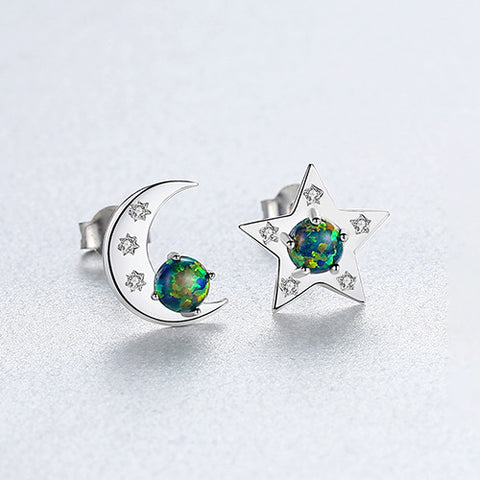 925 Silver CZ Moon Star Opal Studs Earrings, Fashion Jewelry AL555