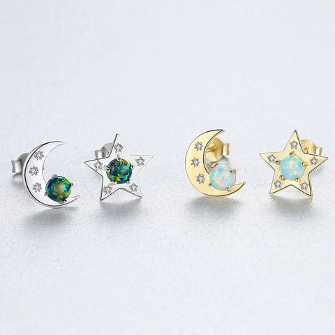 925 Silver CZ Moon Star Opal Studs Earrings, Fashion Jewelry AL555