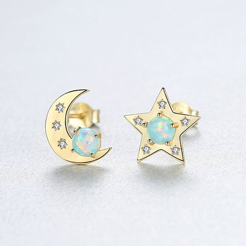 925 Silver CZ Moon Star Opal Studs Earrings, Fashion Jewelry AL555