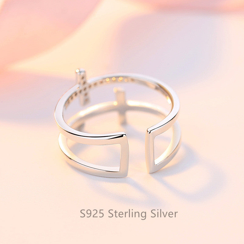 S925 sterling silver double cross ring, open ring, CZ pave ring jewelry