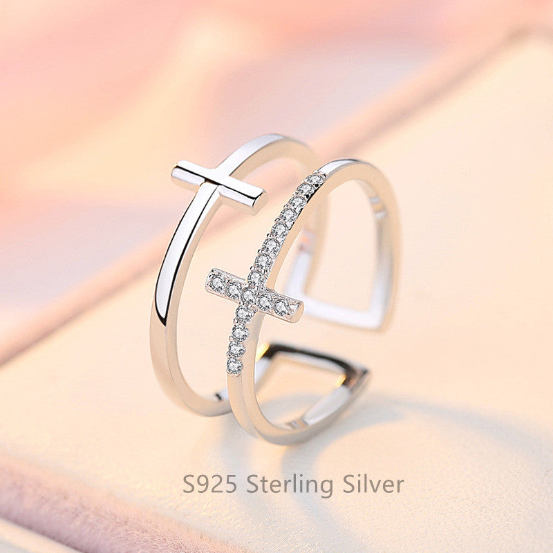 S925 sterling silver double cross ring, open ring, CZ pave ring jewelry