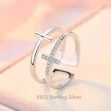 CZ Double Cross Ring, Gold Plated Brass/S925 Sterling Silver Open Ring, Micro Pave Jewelry Ring AL454