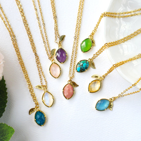 16" Gold Plated Leaf & Marquise Rainbow Gemstone Faceted Necklace, Amazonite Aquamarine Turquoise Birthstone Crystal Necklace Jewelry BT015