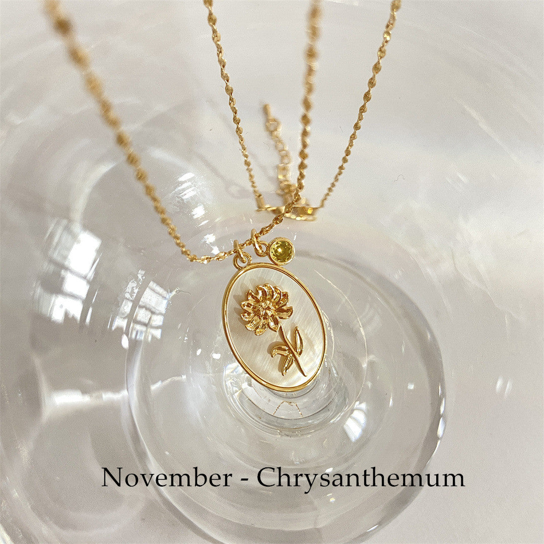 Oval White Shell December Flower Necklace Birthstone Monthstone Necklace AL511 November  Chrysanthemum