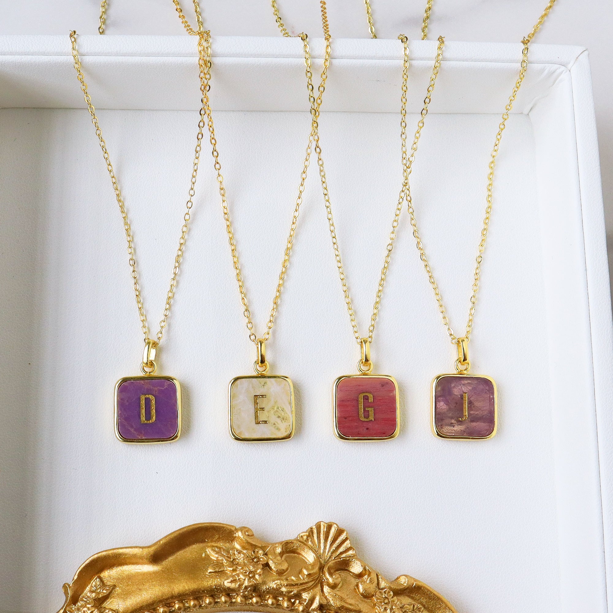 16" Gold Plated Square Rainbow Gemstone Initial Letter Necklace, Healing Crystal Jewelry KZ012