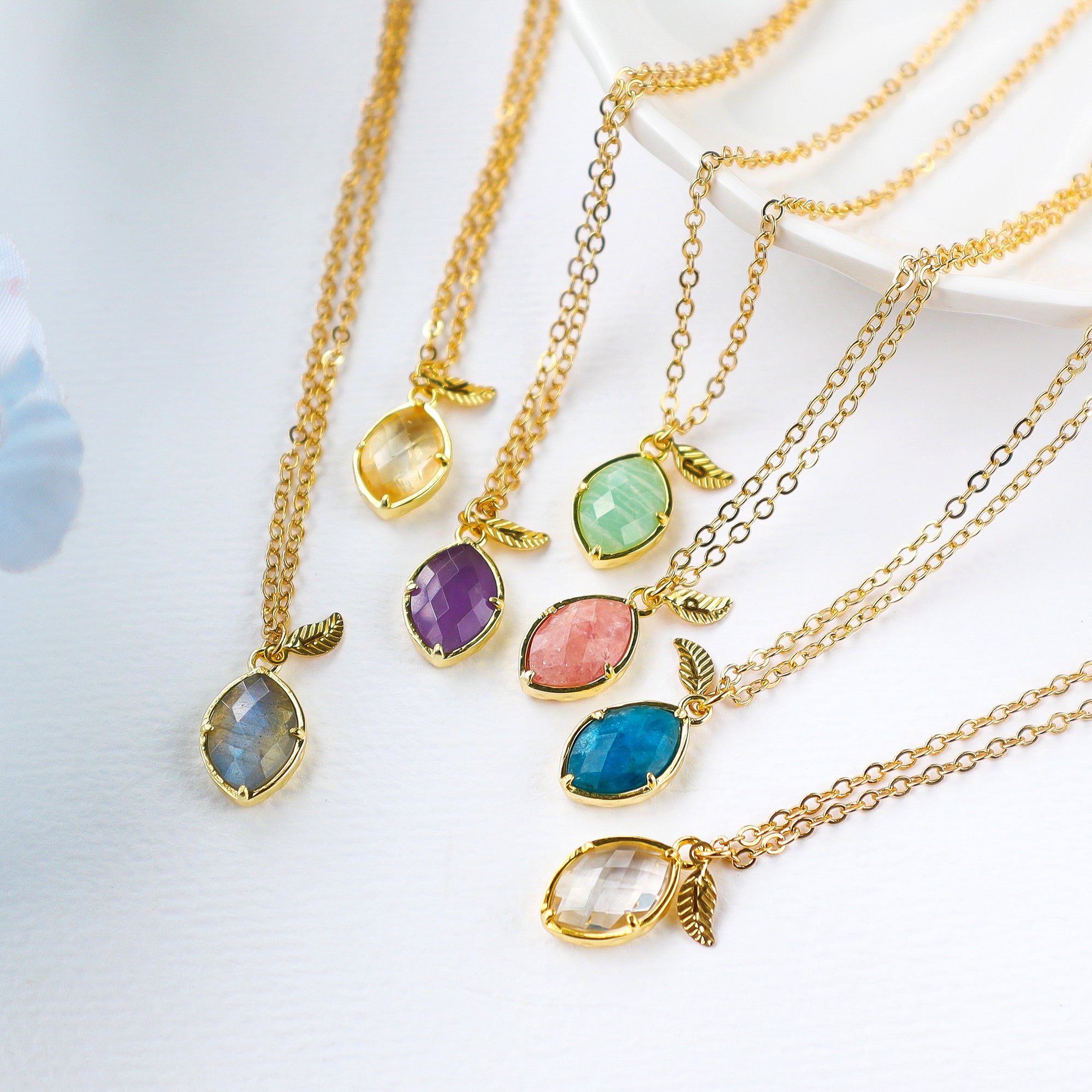 16" Gold Plated Leaf & Marquise Rainbow Gemstone Necklace, Birthstone, Faceted Amazonite Aquamarine Peridot Turquoise Necklace, Healing Crystal Jewelry BT015