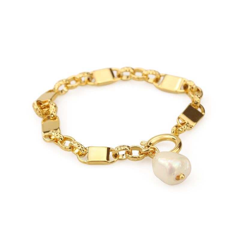 Gold Natural Real Pearl Thick Chain Bracelet WX1778
