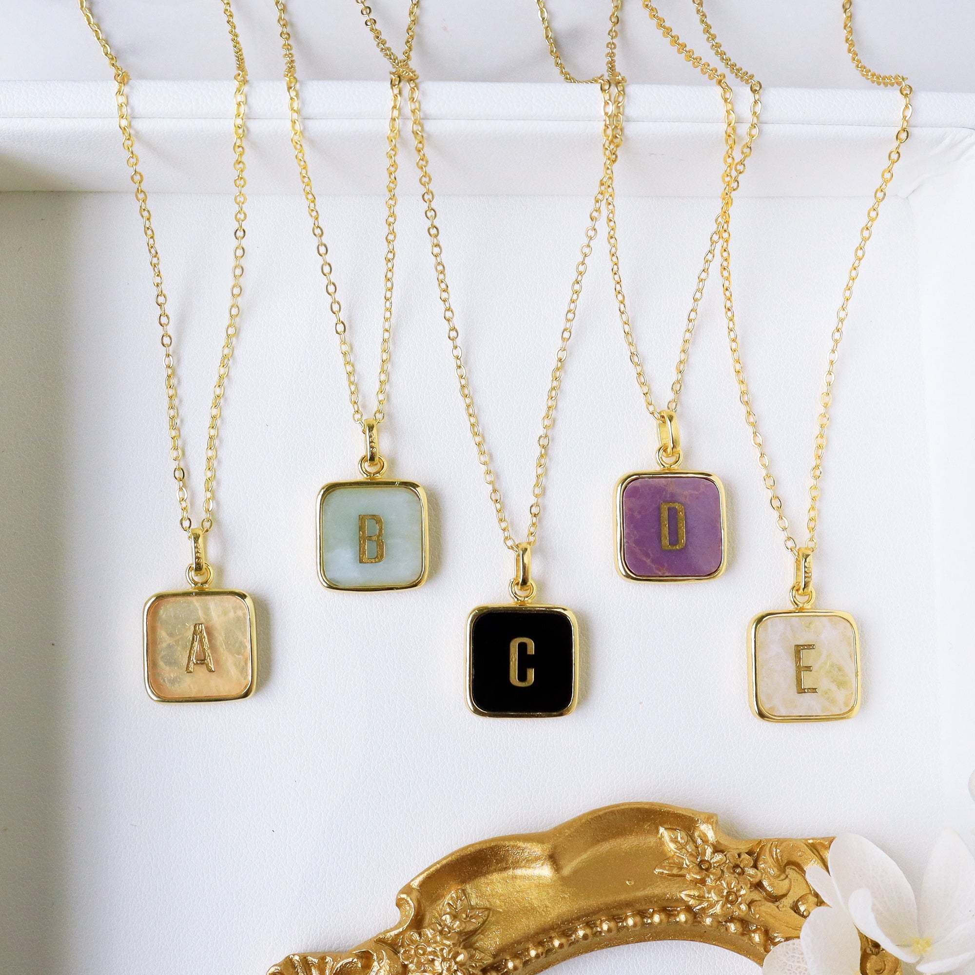 16" Gold Plated Square Rainbow Gemstone Initial Letter Necklace, Healing Crystal Jewelry KZ012