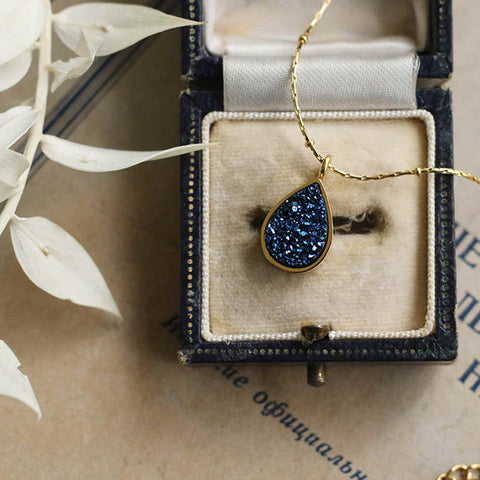 Drop Blue Druzy Charm 18K Necklace AL076