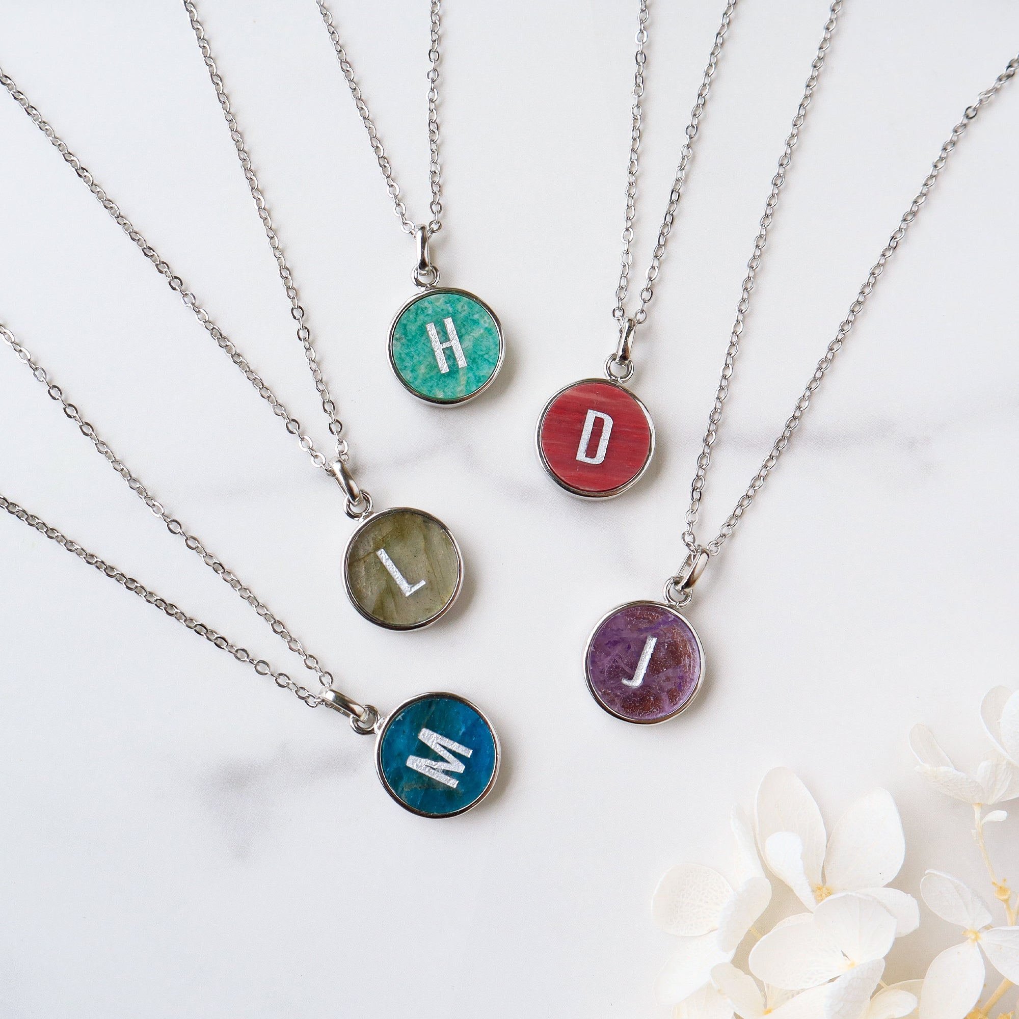16" Silver Plated Round Gemstone Carved Initial Letter Necklace, Natural Amazonite Rose Quartz Aquamarine Labradorite Turquoise Necklace, Healing Jewelry KZ035