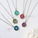 Personalized 16" Silver Plated Bezel Round Multi Gemstone Carved Letter Pendant Necklace, Amazonite Labradorite Turquoise Necklace KZ035-N