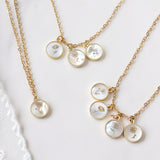 16" Personalized Gold Bezel Round White Shell Carved Birthflower Necklace, Birth Flower Jewelry KZ046