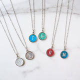 Personalized 16" Silver Plated Bezel Round Multi Gemstone Carved Letter Pendant Necklace, Amazonite Labradorite Turquoise Necklace KZ035-N