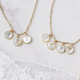 16" Personalized Gold Bezel Round White Shell Carved Birthflower Necklace, Birth Flower Jewelry KZ046