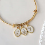 Gold Plated Marquise Natural White Shell Bracelet, Carved Birth Mooth Flower, Adjustable Bangle KZ018