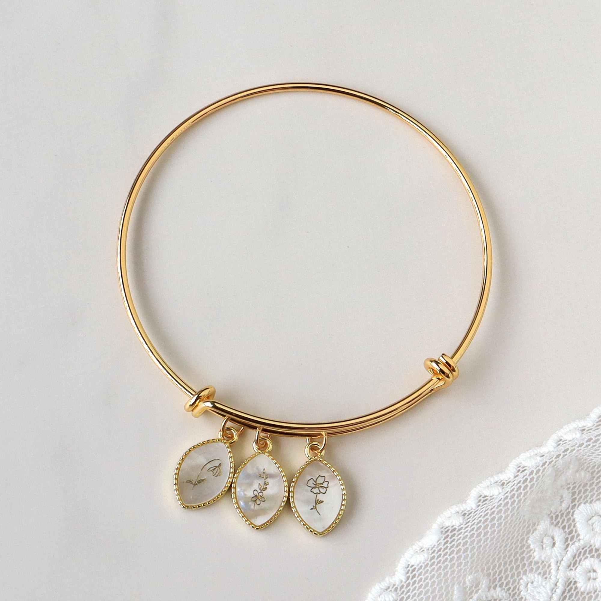Gold Plated Brass Marquise Natural White Shell Bangle Bracelet, Carved Birth Mooth Flower, Adjustable  KZ018