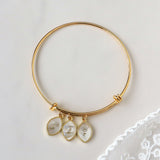 Gold Plated Marquise Natural White Shell Bracelet, Carved Birth Mooth Flower, Adjustable Bangle KZ018