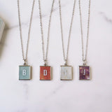 Personalized 16" Silver Plated Bezel Rectangle Rainbow Gemstone Letter Necklace, You Choose Stone and Letter KZ034-N