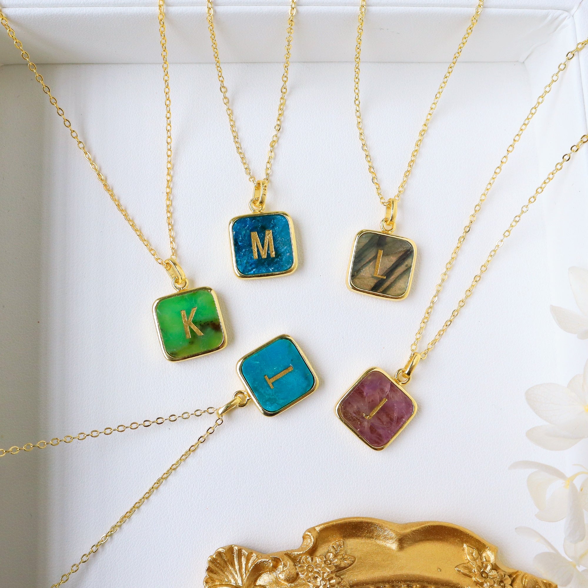 16" Gold Plated Square Rainbow Gemstone Initial Letter Necklace, Healing Crystal Jewelry KZ012