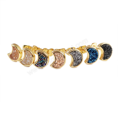 Crescent Moon Gold Plated Bezel Rainbow Titanium Druzy Stud Earrings ZG0282