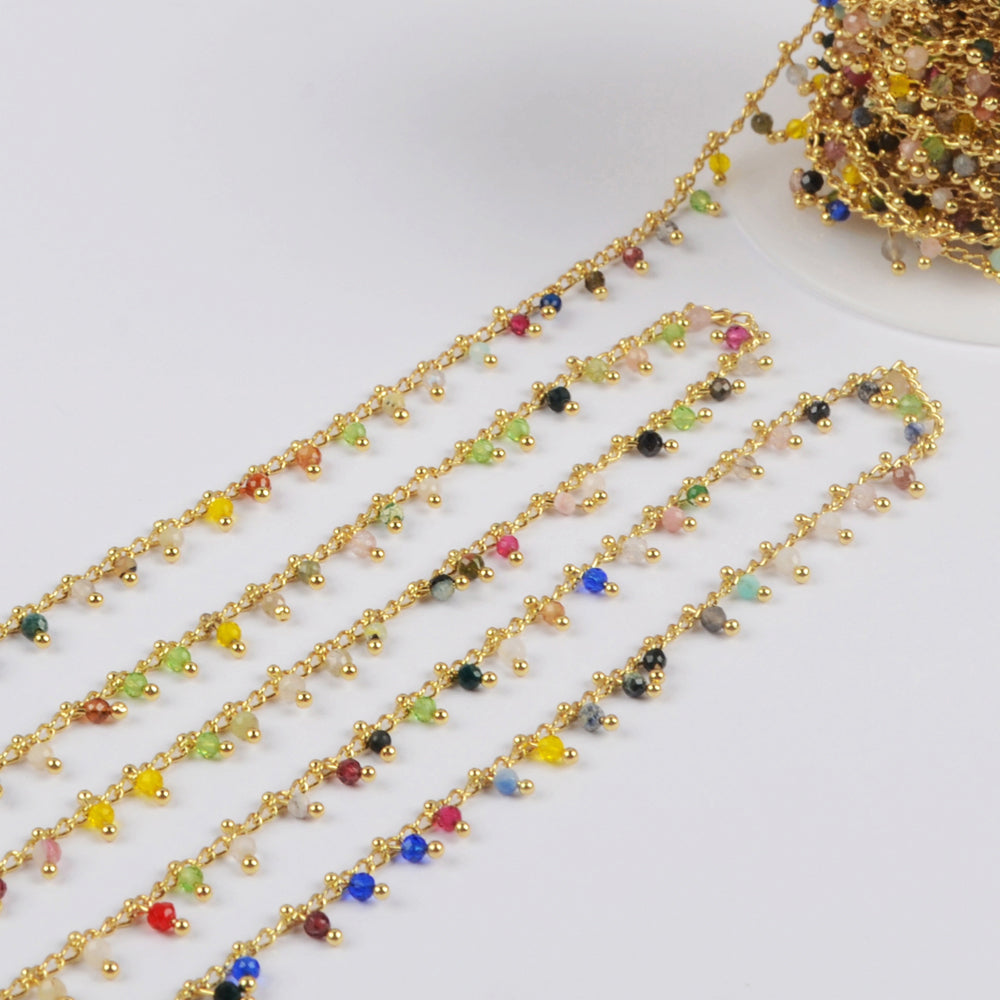 Multi-kind Stone Beads Faceted Chains In Gold Plated JT253