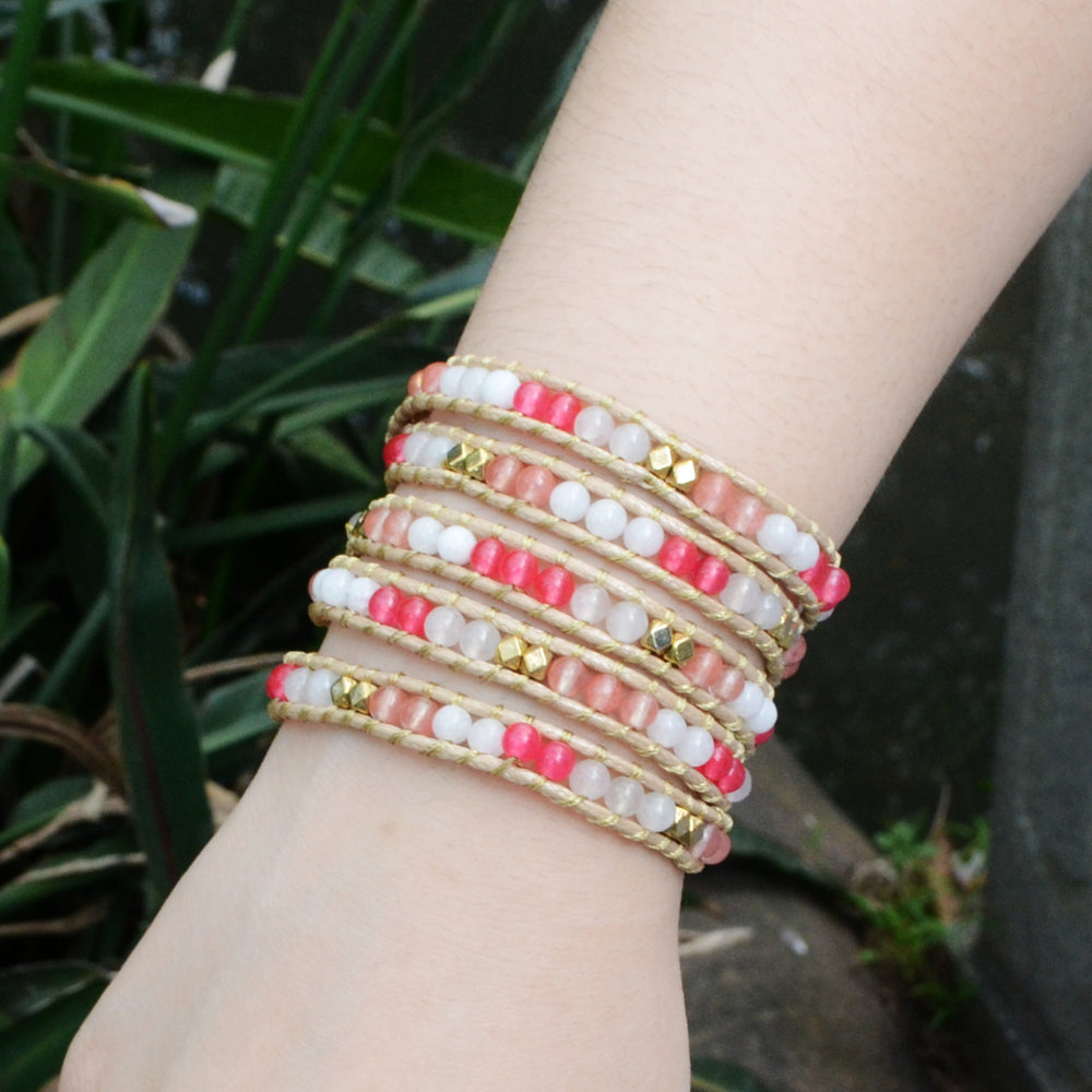 Boho Pink Multi Kind Stones Layers Leather Wrap Bracelet Handmade Jewelry HD0056