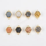 Hexagon Gold Plated Bezel Natural Agate Titanium Rainbow Druzy Connector Double Bails ZG0138