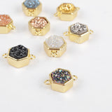 Hexagon Gold Plated Bezel Natural Agate Titanium Rainbow Druzy Connector Double Bails ZG0138