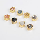 Hexagon Gold Plated Bezel Natural Agate Titanium Rainbow Druzy Connector Double Bails ZG0138