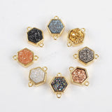 Hexagon Gold Plated Bezel Natural Agate Titanium Rainbow Druzy Connector Double Bails ZG0138