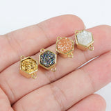 Hexagon Gold Plated Bezel Natural Agate Titanium Rainbow Druzy Connector Double Bails ZG0138