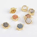 Hexagon Gold Plated Bezel Natural Agate Titanium Rainbow Druzy Connector Double Bails ZG0138