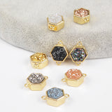 Hexagon Gold Plated Bezel Natural Agate Titanium Rainbow Druzy Connector Double Bails ZG0138