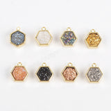 Hexagon Gold Plated Bezel Natural Agate Titanium Rainbow Druzy Charm Pendant Bead ZG0139