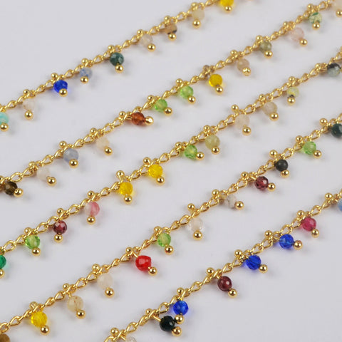 16 Feet of Multi-kind Stone Beads Faceted Chains In Gold Plated, Rainbow Stone Rosary Chain Finding JT253