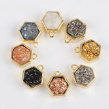 Hexagon Gold Plated Bezel Natural Agate Titanium Rainbow Druzy Charm Pendant Bead ZG0139