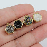 Hexagon Gold Plated Bezel Natural Agate Titanium Rainbow Druzy Charm Pendant Bead ZG0139