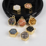 Hexagon Gold Plated Bezel Natural Agate Titanium Rainbow Druzy Charm Pendant Bead ZG0139