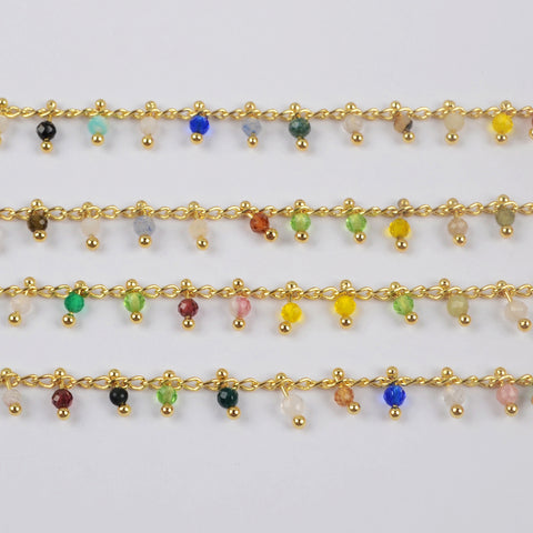 16 Feet of Multi-kind Stone Beads Faceted Chains In Gold Plated, Rainbow Stone Rosary Chain Finding JT253