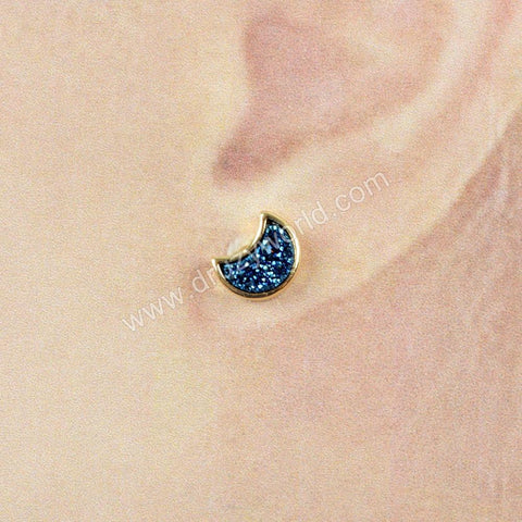 Crescent Moon Gold Plated Bezel Rainbow Titanium Druzy Stud Earrings ZG0282