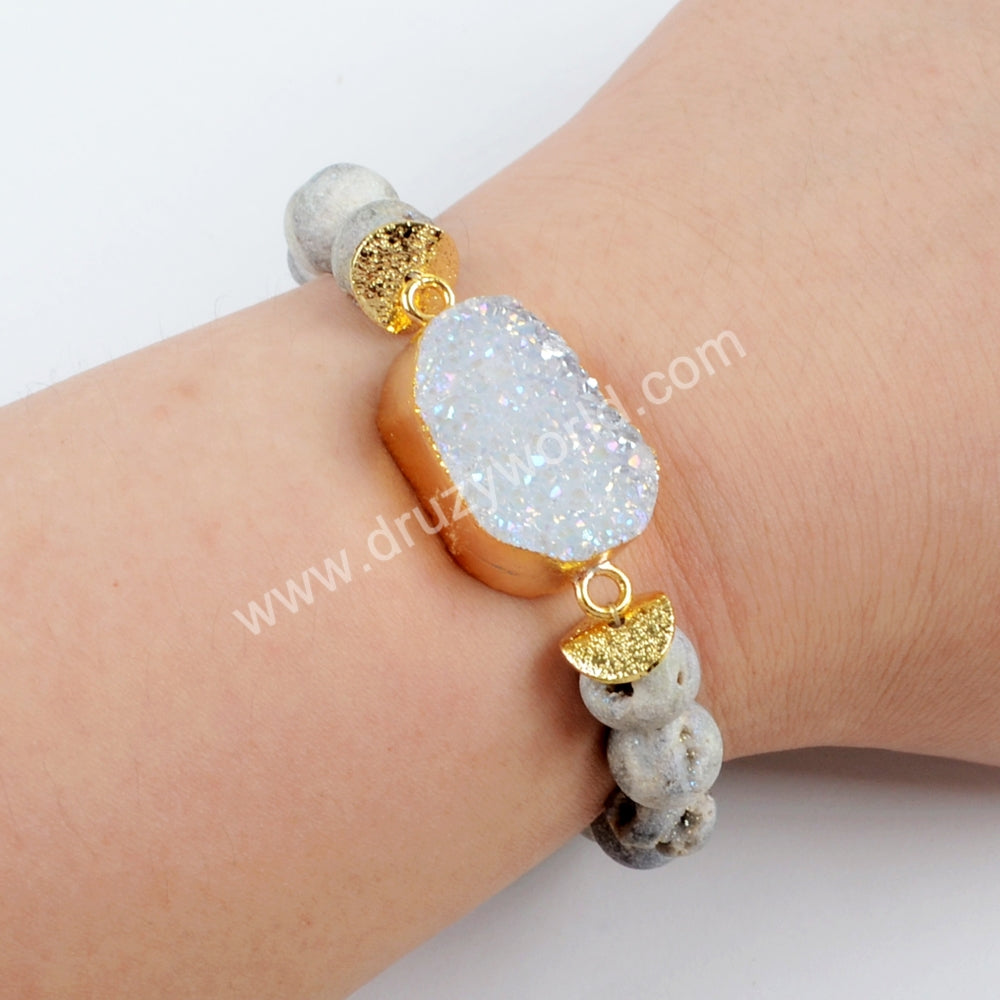 Gold Plated Titanium Druzy Bracelet With 10mm Beads G1536
