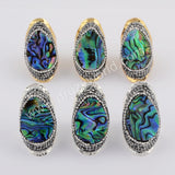 Rhinestone Pave Tear Drop Natural Abalone Shell Gold Band Ring JAB960