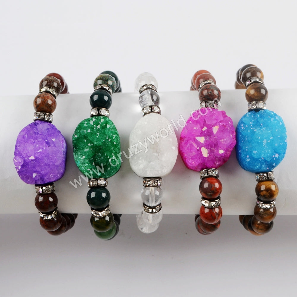 Rainbow Agate Druzy With 8mm Multi-kind Stone Beads Bracelet G1556