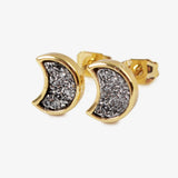 Crescent Moon Gold Plated Bezel Rainbow Titanium Druzy Stud Earrings ZG0282