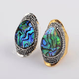 Rhinestone Pave Tear Drop Natural Abalone Shell Gold Band Ring JAB960