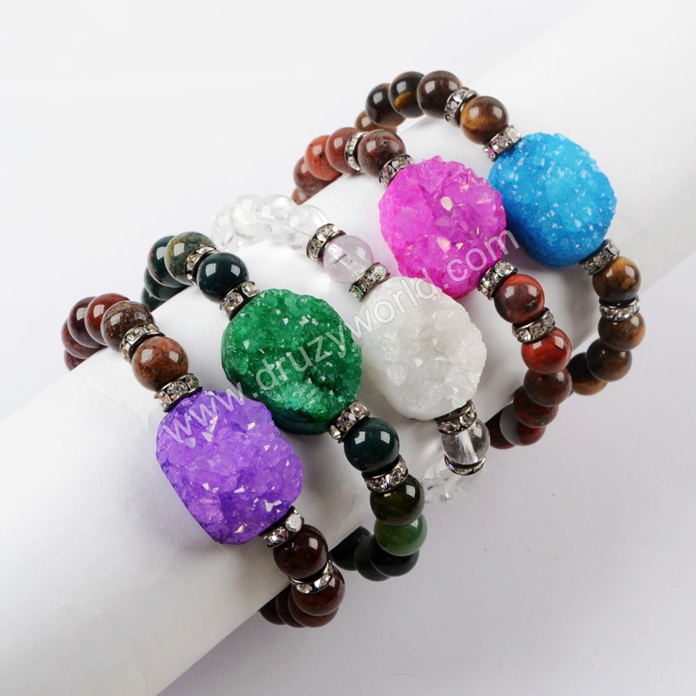 Rainbow Agate Druzy With 8mm Multi-kind Stone Beads Bracelet G1556