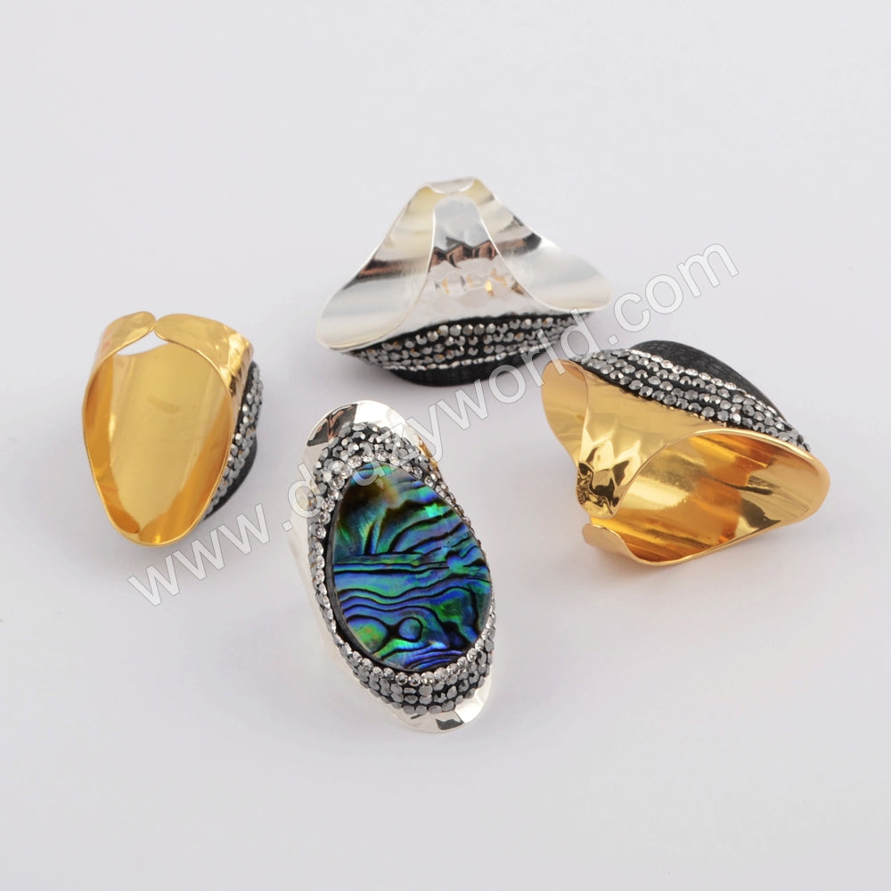 Rhinestone Pave Tear Drop Natural Abalone Shell Gold Band Ring JAB960