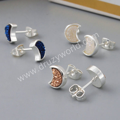 Silver Plated  Moon Bezel Natural Druzy Studs ZS0282